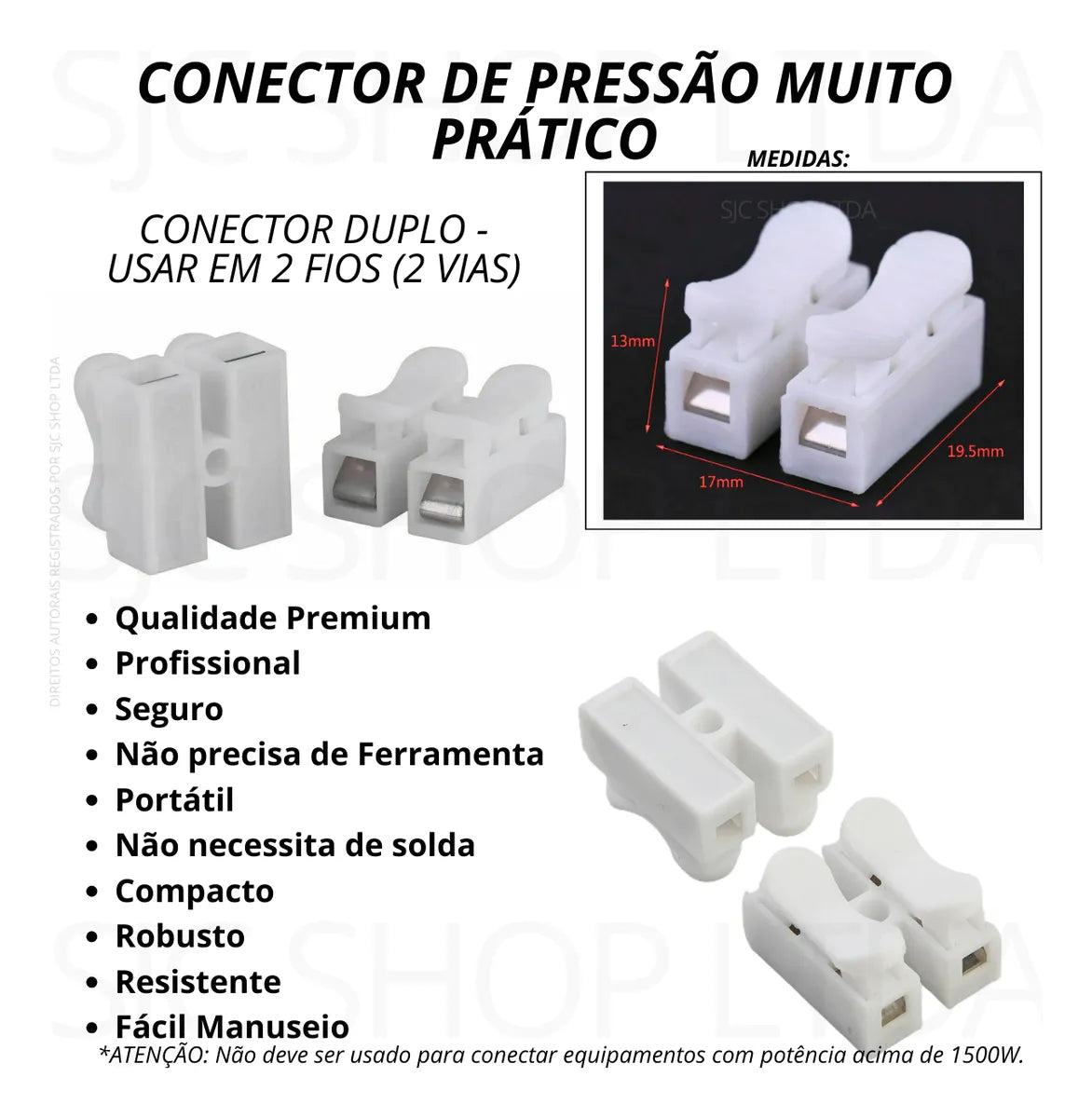 Kit 5 Conectores De Pressão Emenda 2.5mm Sem Solda Bipolar 2 Vias