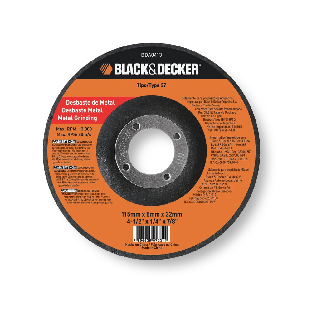 Disco Abrasivo Corte de Metal Desbaste 115mm x 6mm x 22.2mm - BLACK+DECKER